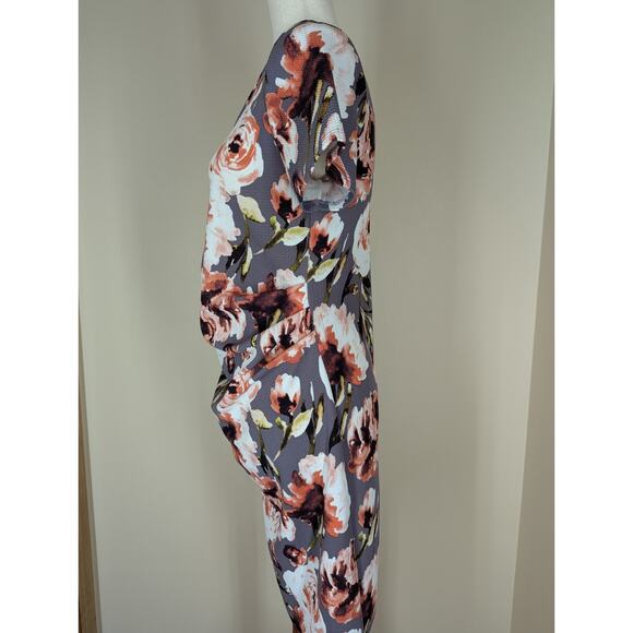 Hello Miz Maternity Medium Bodycon Dress Gray Pink Floral Stretch Side Ruching - Picture 2 of 7